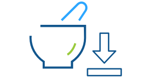Blue line art illustration of a pharmaceutical mortar and pestle with an arrow pointing down representing Express Scripts Canada clinical product downloads