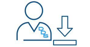 Blue line art illustration of a dentist with an arrow pointing down representing Express Scripts Canada downloads for dentists