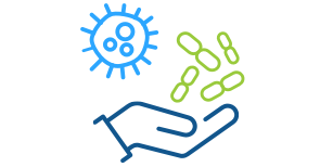 Blue line art illustration of an open hand holding bacteria/cell icons representing Express Scripts Canada's innovative disease management programs