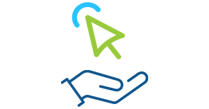 Blue line art illustration of an open hand holding the icon of a computer mouse representing Express Scripts Canada's digital services
