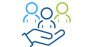 Blue line art illustration of an open hand holding a group of members representing Express Scripts Canada's excellent member care