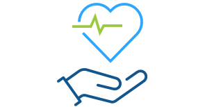 Blue line art illustration of a heart with a heart beat line inside on top of an open hand representing Health Benefits Solutions