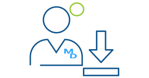 Blue line art illustration of a physician with an arrow pointing down representing Express Scripts Canada downloads for physicians